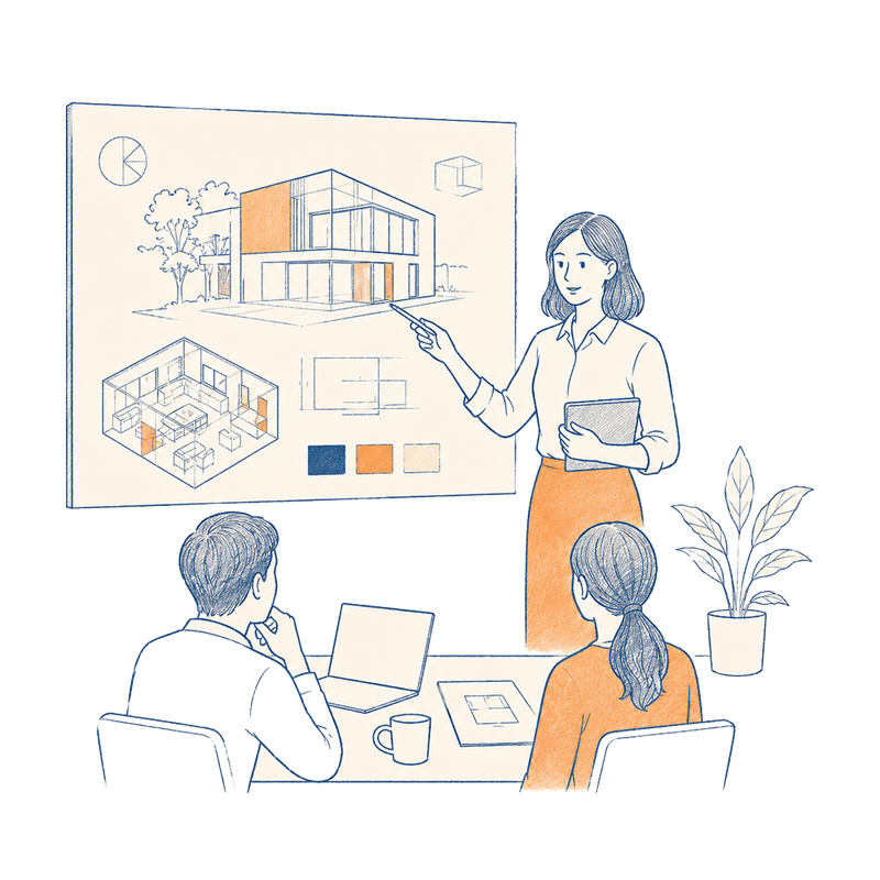 Architect presenting concept and spatial design on presentation board to clients