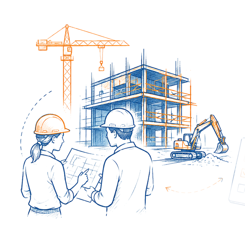 Engineers reviewing blueprints at an active construction site with crane and excavator