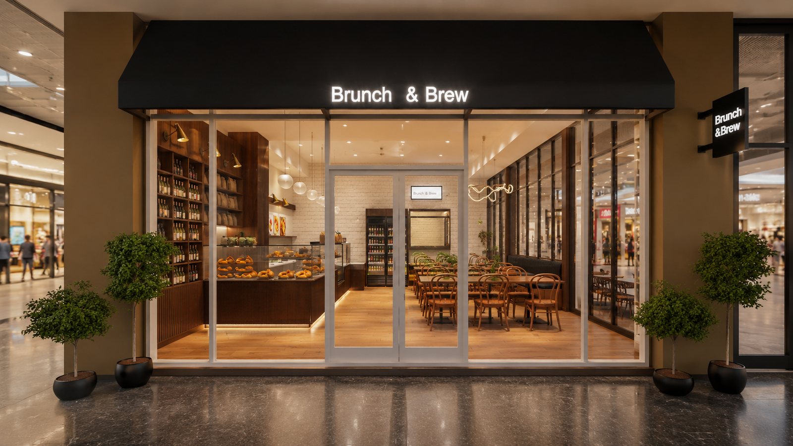 Brunch & Brew storefront and dining