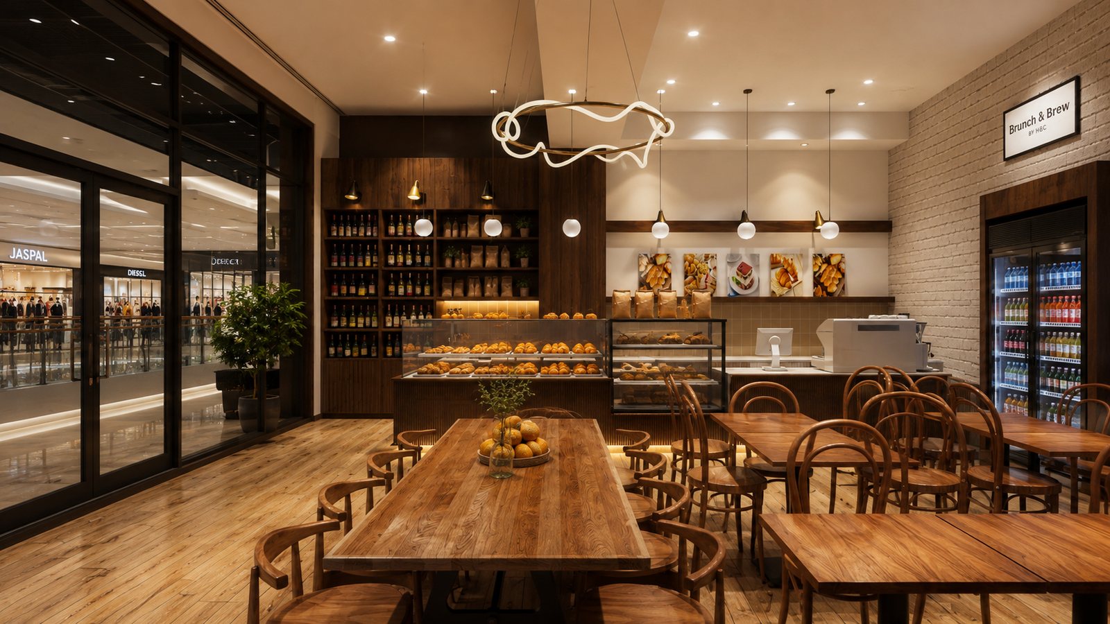 Brunch & Brew wall details and lighting