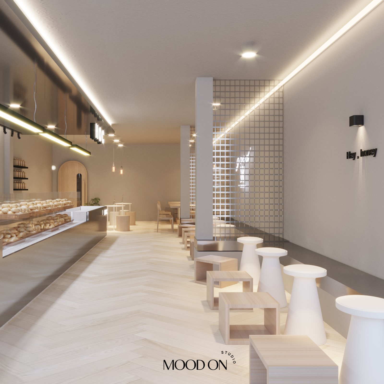 House Of Croissants seating area with perforated screen wall