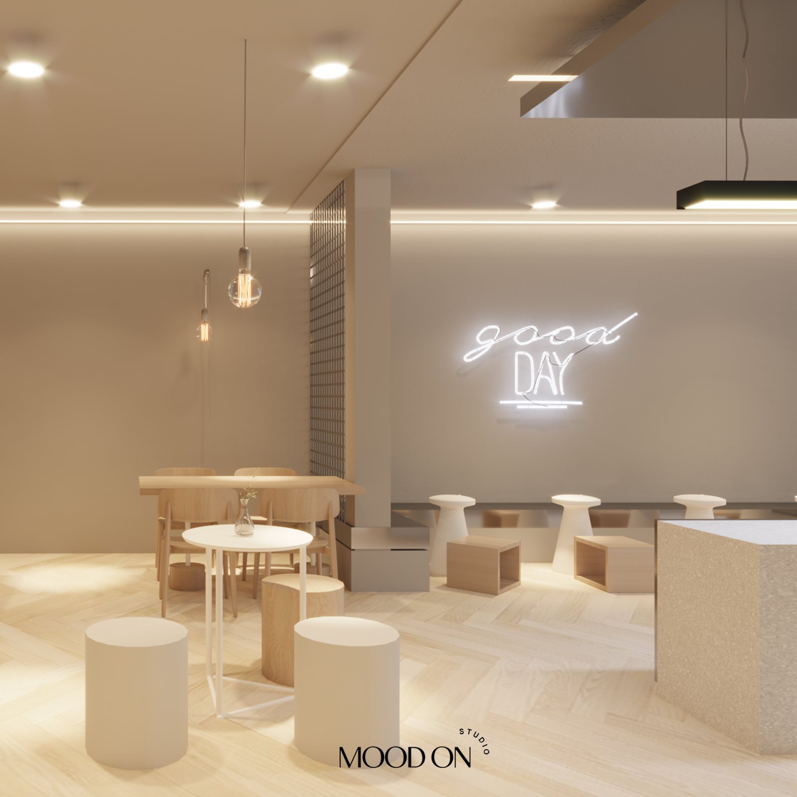 House Of Croissants lounge nook with neon signage